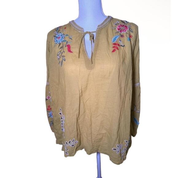 NWT Johnny Was Womens Peasant Blouse Size M Mustard Yellow Floral Embroidered - Picture 3 of 6
